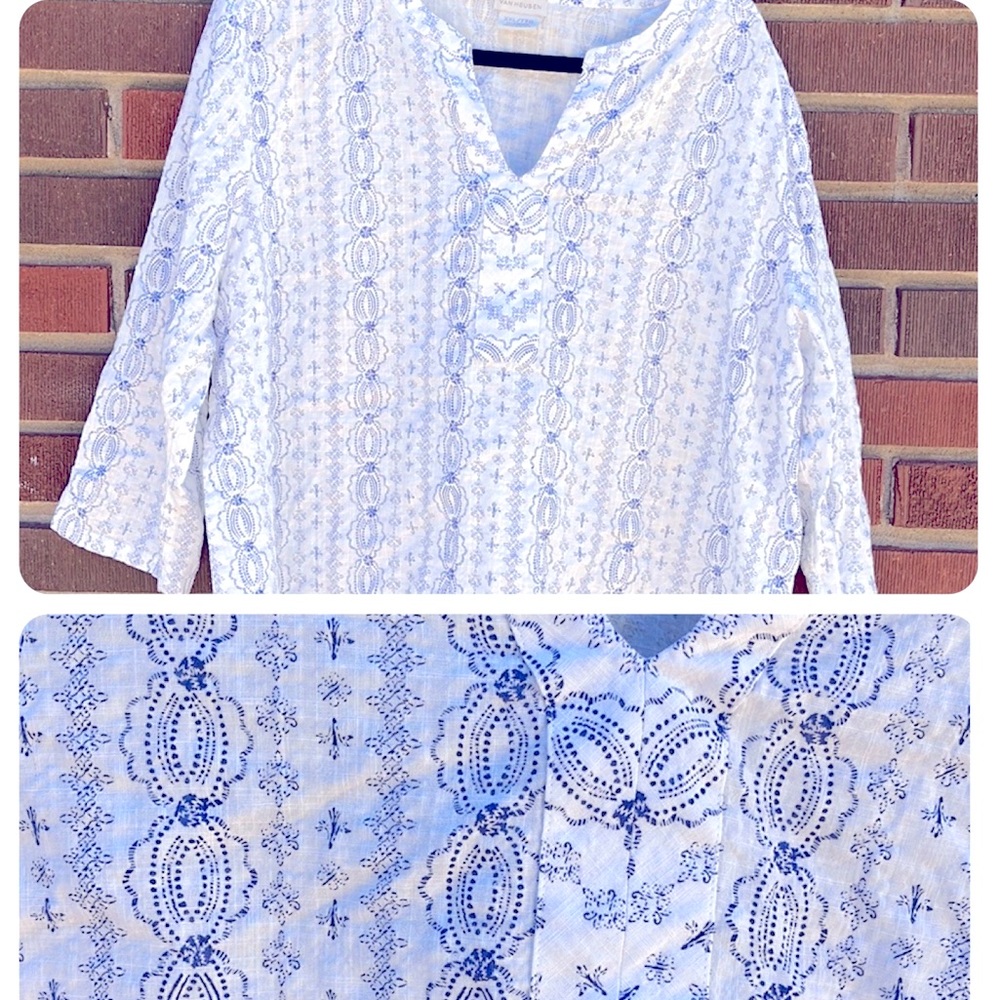 Linen-feel blouse Van Huesen XXL White blue EUC